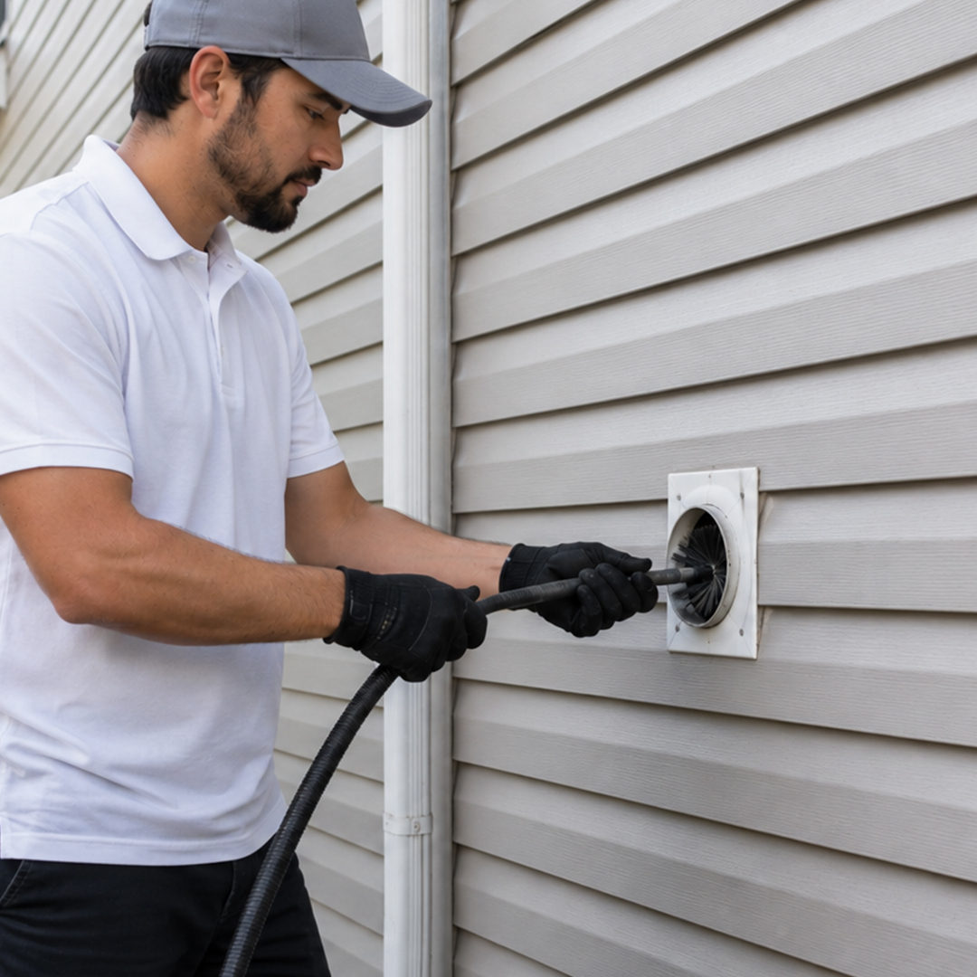 Technician cleaning a residential dryer vent