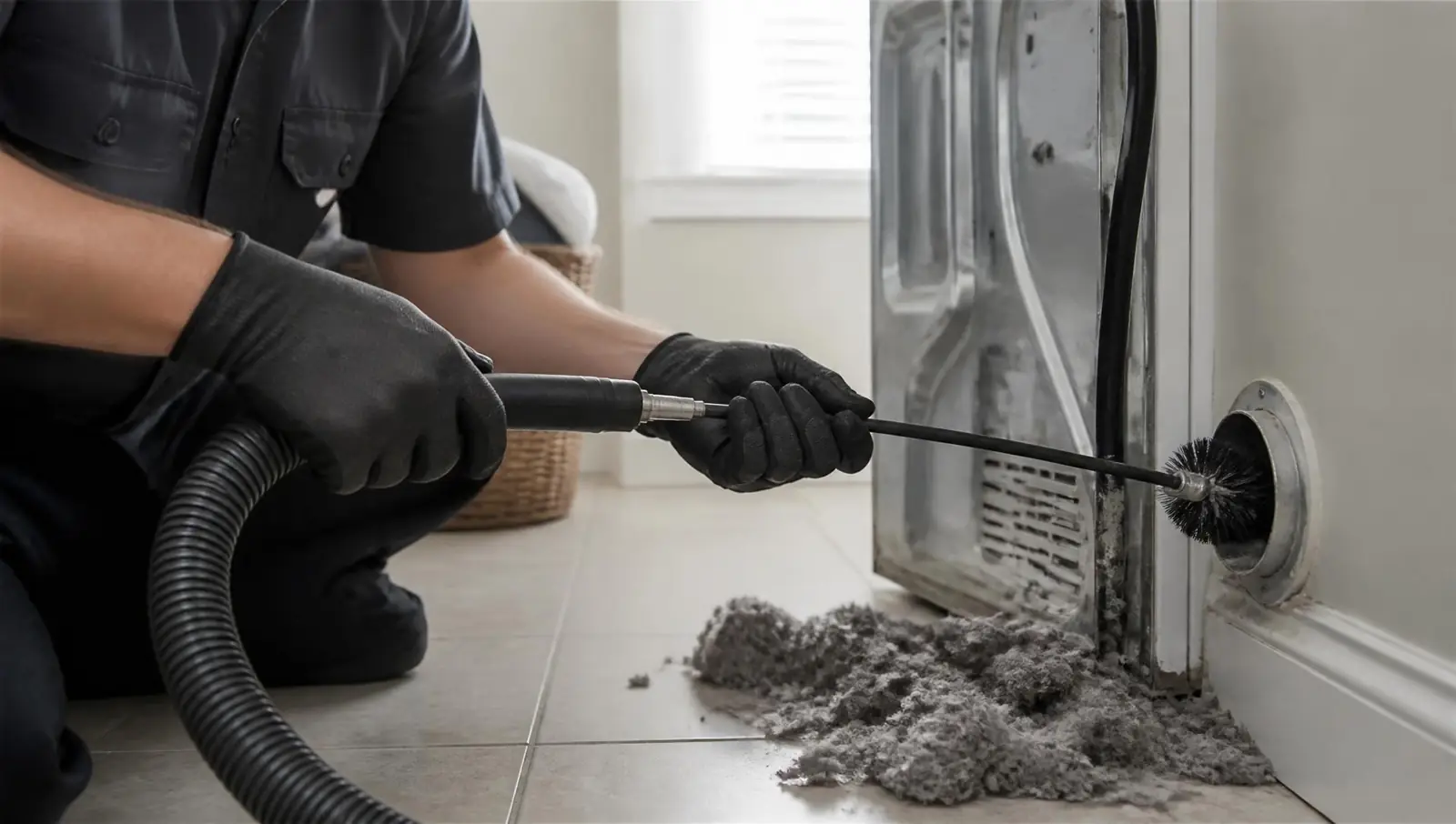 Technician cleaning a residential dryer vent with a rotary brush and HEPA vacuum
